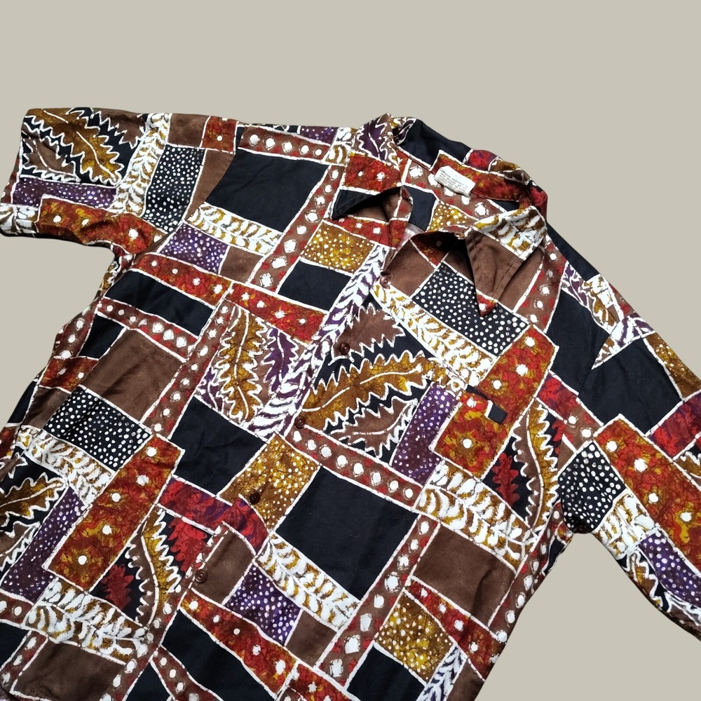 Barefoot in Paradise Hawaiian Shirt Loop Collar Mens Large Patchwork Shirt